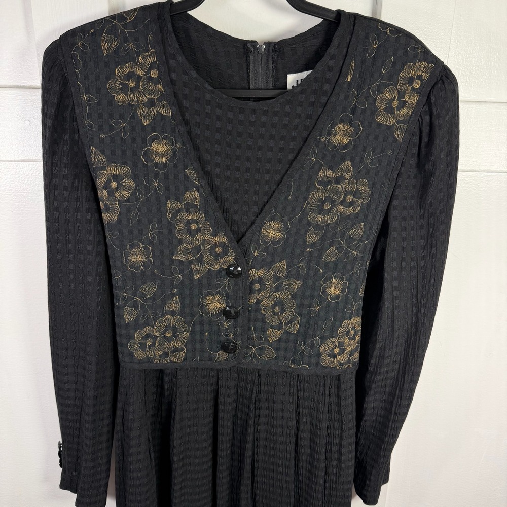 JBS LTD Black Textured Floral Embroidered Button Vest‎ Midi Dress Size 12